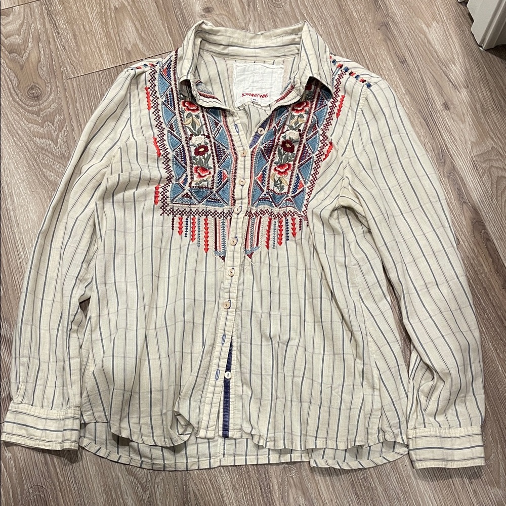 Johnny Was Cream and Blue Embroidered Shirt